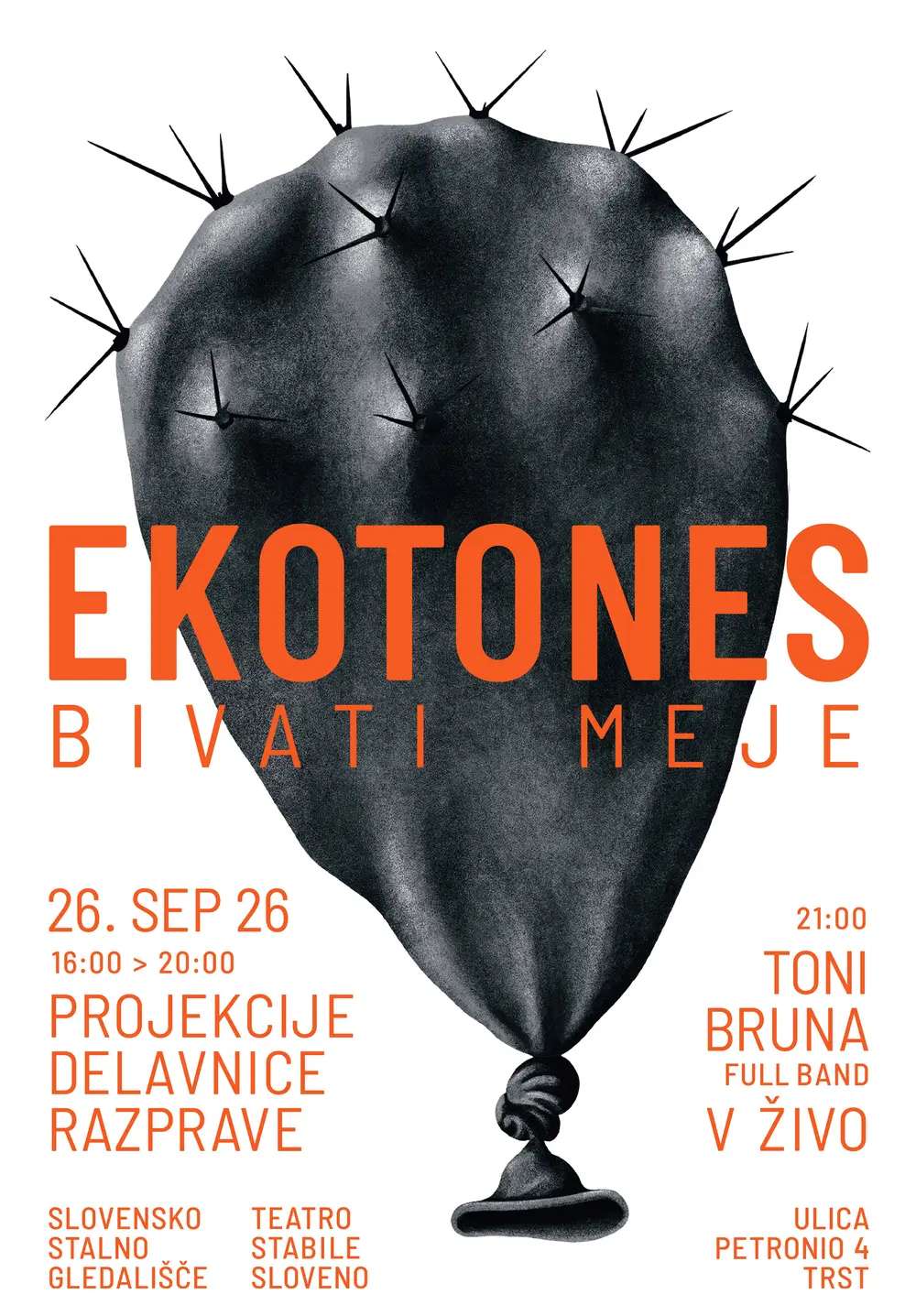 Plakat za dogodek Ekotones – Bivati meje, 26. september 2026, Slovensko stalno gledališče v Trstu