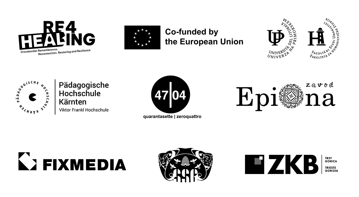 Loghi dei partner e finanziatori: RE4Healing, Co-funded by the European Union, Università del Litorale – Facoltà di Studi Umanistici, Pädagogische Hochschule Kärnten, Quarantasettezeroquattro, Zavod Epiona, Fixmedia, Slovensko stalno gledališče (Teatro Stabile Sloveno), ZKB Trieste-Gorizia